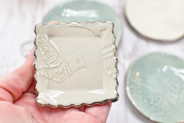 Hummingbird White Gold Jewelry Trinket Dish, Ceramic Handmade Coffee Spoon Rest, Blue Gray Silver Stoneware Wedding Engagement Gift for Her
