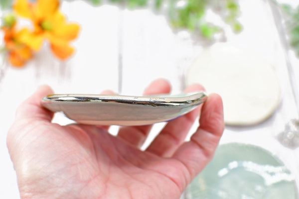 Hummingbird White Gold Jewelry Trinket Dish, Ceramic Handmade Coffee Spoon Rest, Blue Gray Silver Stoneware Wedding Engagement Gift for Her