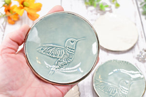 Hummingbird White Gold Jewelry Trinket Dish, Ceramic Handmade Coffee Spoon Rest, Blue Gray Silver Stoneware Wedding Engagement Gift for Her
