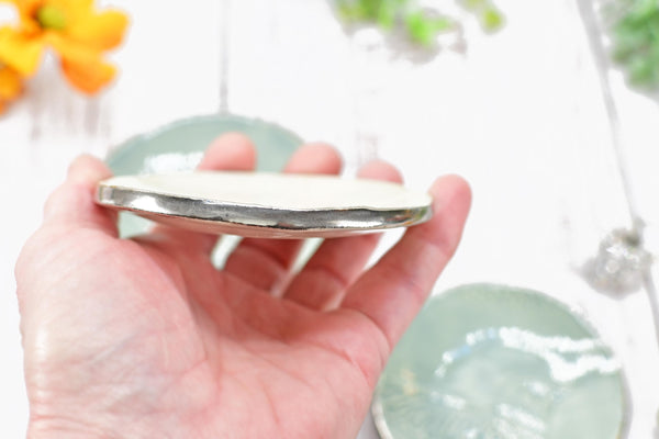 Hummingbird White Gold Jewelry Trinket Dish, Ceramic Handmade Coffee Spoon Rest, Blue Gray Silver Stoneware Wedding Engagement Gift for Her