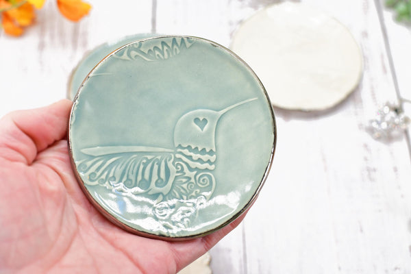 Hummingbird White Gold Jewelry Trinket Dish, Ceramic Handmade Coffee Spoon Rest, Blue Gray Silver Stoneware Wedding Engagement Gift for Her