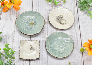 Hummingbird White Gold Jewelry Trinket Dish, Ceramic Handmade Coffee Spoon Rest, Blue Gray Silver Stoneware Wedding Engagement Gift for Her