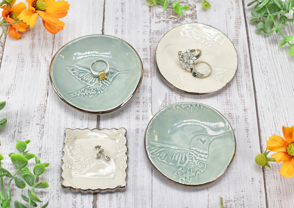Hummingbird White Gold Jewelry Trinket Dish, Ceramic Handmade Coffee Spoon Rest, Blue Gray Silver Stoneware Wedding Engagement Gift for Her