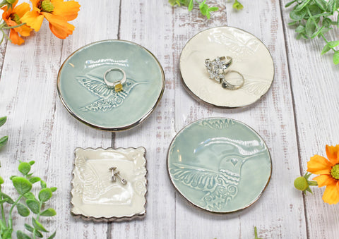Hummingbird White Gold Jewelry Trinket Dish, Ceramic Handmade Coffee Spoon Rest, Blue Gray Silver Stoneware Wedding Engagement Gift for Her