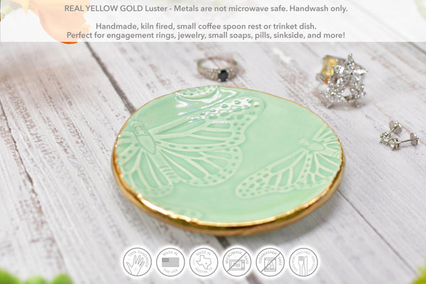 Butterfly Yellow Gold Jewelry Trinket Dish, Ceramic Handmade Coffee Spoon Rest, Mint Green Monarch Stoneware Wedding Engagement Gift for Her