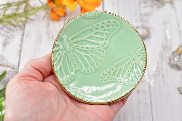Butterfly Yellow Gold Jewelry Trinket Dish, Ceramic Handmade Coffee Spoon Rest, Mint Green Monarch Stoneware Wedding Engagement Gift for Her