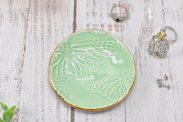 Butterfly Yellow Gold Jewelry Trinket Dish, Ceramic Handmade Coffee Spoon Rest, Mint Green Monarch Stoneware Wedding Engagement Gift for Her