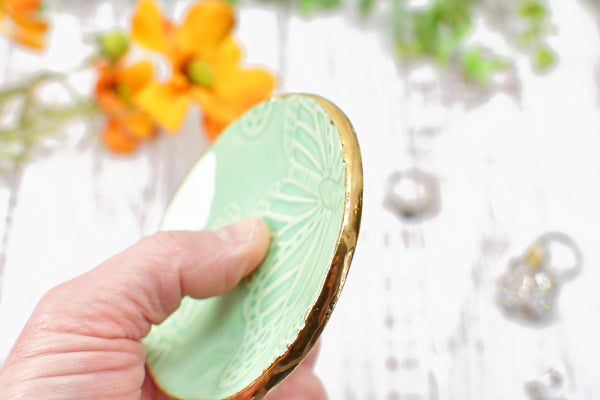 Butterfly Yellow Gold Jewelry Trinket Dish, Ceramic Handmade Coffee Spoon Rest, Mint Green Monarch Stoneware Wedding Engagement Gift for Her