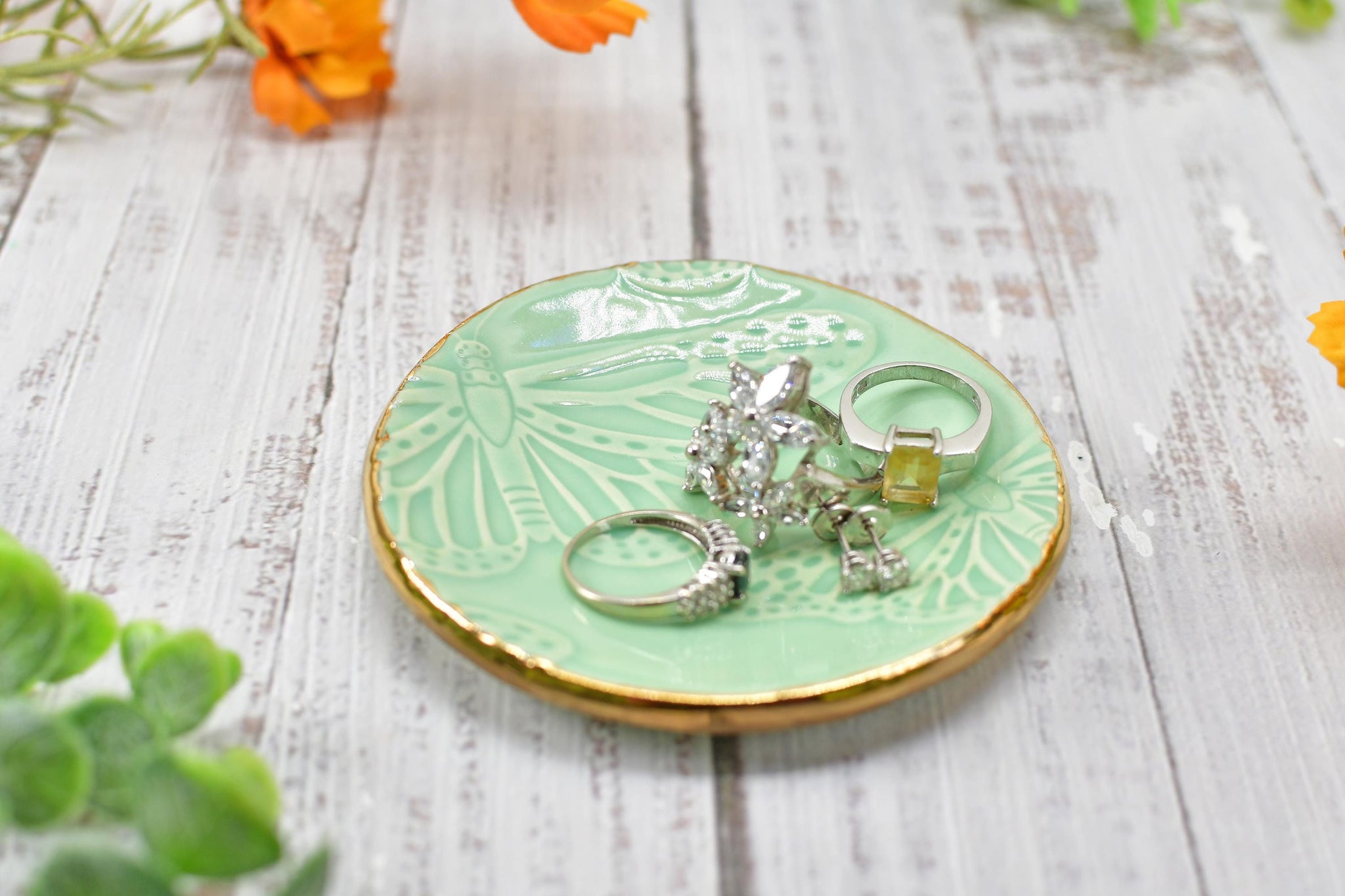 Butterfly Yellow Gold Jewelry Trinket Dish, Ceramic Handmade Coffee Spoon Rest, Mint Green Monarch Stoneware Wedding Engagement Gift for Her