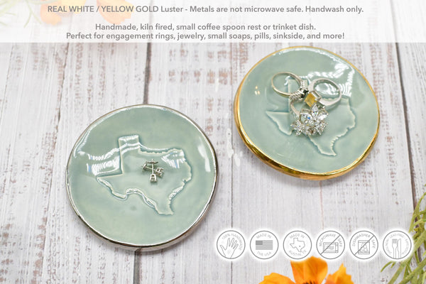 Texas White Yellow Gold Jewelry Trinket Dish, Ceramic Handmade Coffee Spoon Rest, Blue Gray Silver Stoneware Wedding Engagement Gift for Her