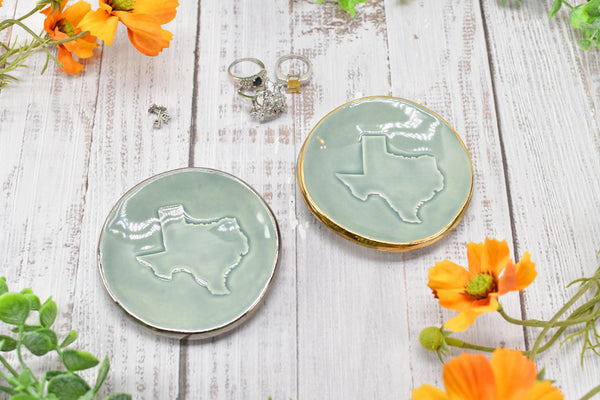 Texas White Yellow Gold Jewelry Trinket Dish, Ceramic Handmade Coffee Spoon Rest, Blue Gray Silver Stoneware Wedding Engagement Gift for Her