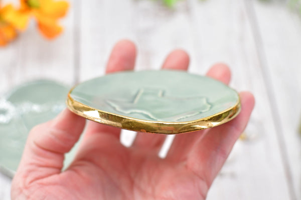 Texas White Yellow Gold Jewelry Trinket Dish, Ceramic Handmade Coffee Spoon Rest, Blue Gray Silver Stoneware Wedding Engagement Gift for Her