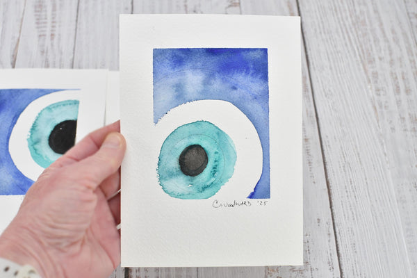 Evil Eye Art Work Watercolor Painting, 5x7 Original on Paper Unframed, Blue White Home Decor, Artist Signed, Not A Print, Nazar Turkish Boho