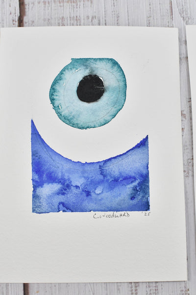 Evil Eye Art Work Watercolor Painting, 5x7 Original on Paper Unframed, Blue White Home Decor, Artist Signed, Not A Print, Nazar Turkish Boho