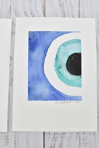 Evil Eye Art Work Watercolor Painting, 5x7 Original on Paper Unframed, Blue White Home Decor, Artist Signed, Not A Print, Nazar Turkish Boho