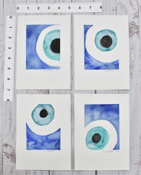 Evil Eye Art Work Watercolor Painting, 5x7 Original on Paper Unframed, Blue White Home Decor, Artist Signed, Not A Print, Nazar Turkish Boho