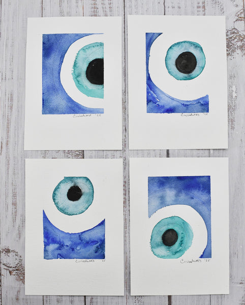 Evil Eye Art Work Watercolor Painting, 5x7 Original on Paper Unframed, Blue White Home Decor, Artist Signed, Not A Print, Nazar Turkish Boho