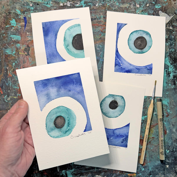 Evil Eye Art Work Watercolor Painting, 5x7 Original on Paper Unframed, Blue White Home Decor, Artist Signed, Not A Print, Nazar Turkish Boho