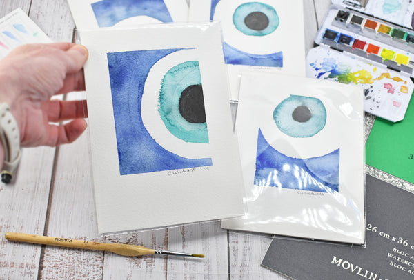 Evil Eye Art Work Watercolor Painting, 5x7 Original on Paper Unframed, Blue White Home Decor, Artist Signed, Not A Print, Nazar Turkish Boho