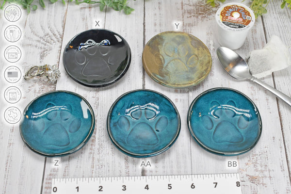 Paw Print Ceramic Small Coffee Spoon Rest, Jewelry Trinket Dish, Handmade Stoneware Pottery in Blue, Green, Teal, Brown, Black, Unique Gift
