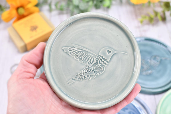 Hummingbird Ceramic Spoon Rest, Medium Flat Handmade Stoneware Stove Top Pottery in Blue, Gray, Green - Trinket Dish Housewarming Gift