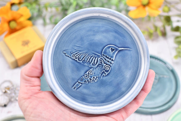 Hummingbird Ceramic Spoon Rest, Medium Flat Handmade Stoneware Stove Top Pottery in Blue, Gray, Green - Trinket Dish Housewarming Gift