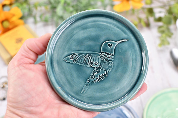 Hummingbird Ceramic Spoon Rest, Medium Flat Handmade Stoneware Stove Top Pottery in Blue, Gray, Green - Trinket Dish Housewarming Gift