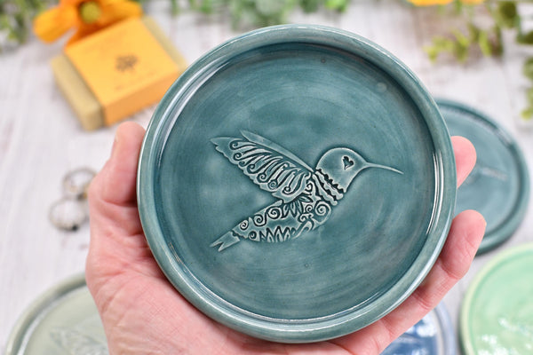 Hummingbird Ceramic Spoon Rest, Medium Flat Handmade Stoneware Stove Top Pottery in Blue, Gray, Green - Trinket Dish Housewarming Gift