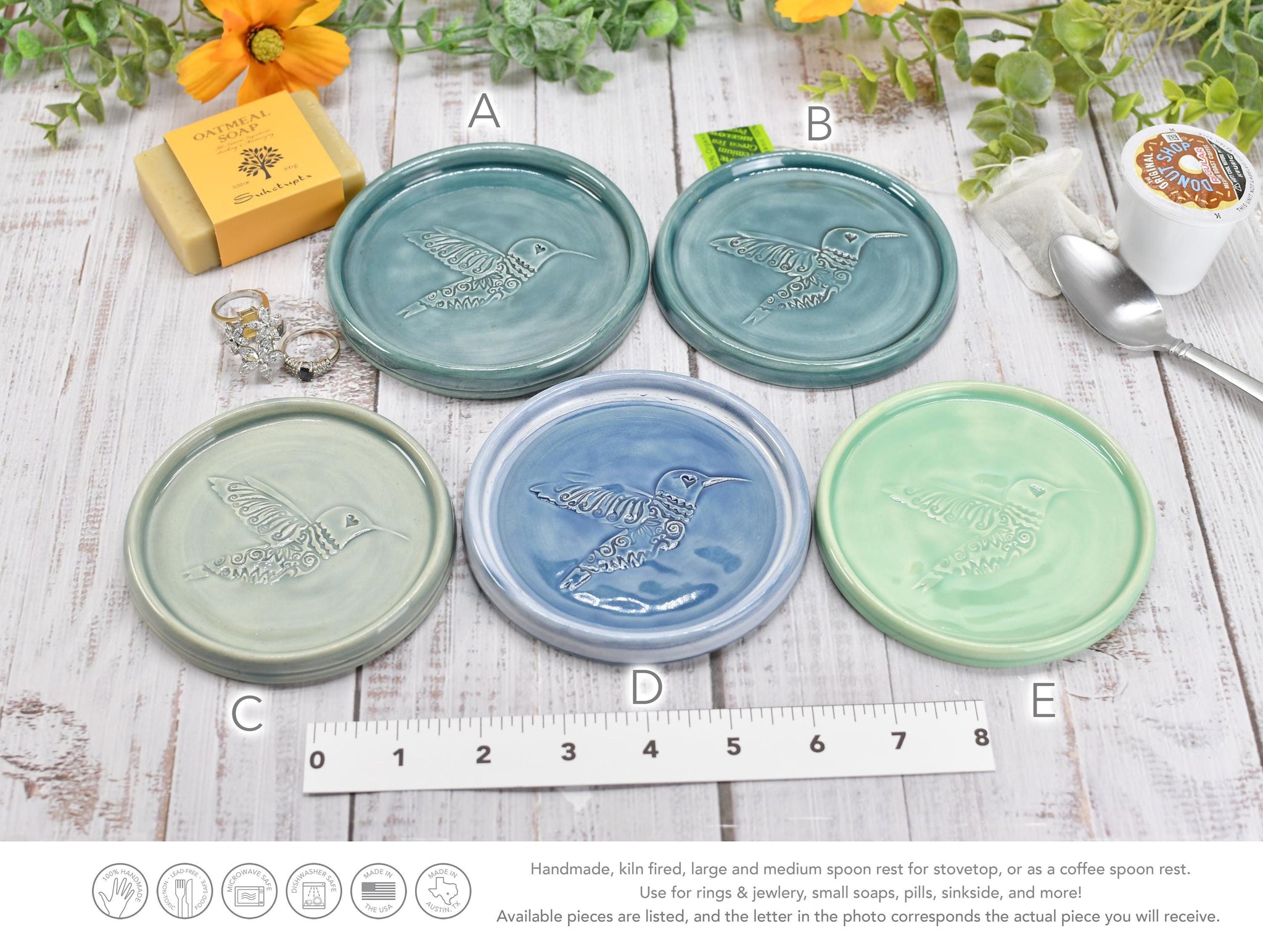 Hummingbird Ceramic Spoon Rest, Medium Flat Handmade Stoneware Stove Top Pottery in Blue, Gray, Green - Trinket Dish Housewarming Gift