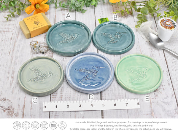 Hummingbird Ceramic Spoon Rest, Medium Flat Handmade Stoneware Stove Top Pottery in Blue, Gray, Green - Trinket Dish Housewarming Gift
