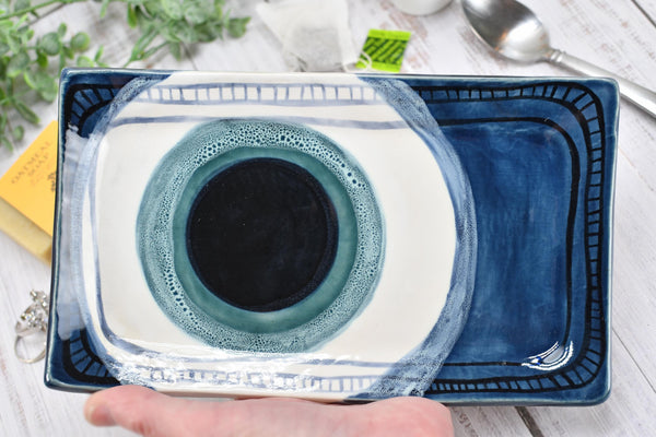 Evil Eye Ceramic Pottery Nazar, Stove Top Spoon Rest Coffee Bar Tea, Blue White Handmade Handpainted Stoneware Catchall Trinket Housewarming