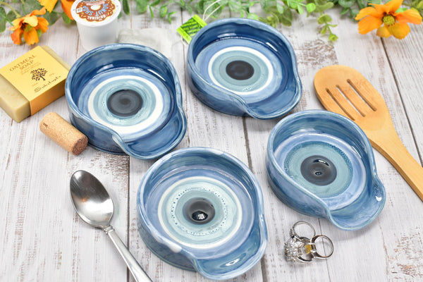 Evil Eye Ceramic Pottery Nazar, Stove Top Spoon Rest Coffee Bar Tea, Blue White Handmade Handpainted Stoneware Catchall Trinket Housewarming