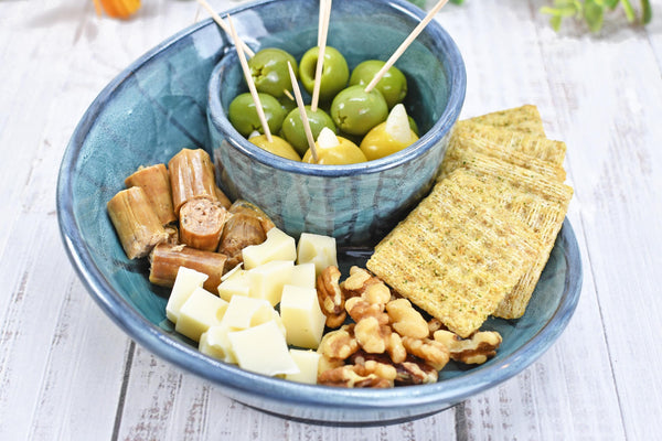 Chip Dip Ceramic Pottery Handmade Charcuterie Bowl, Spiral Blue Olive Snack Dish, Stoneware Party Serving Dining, Unique Housewarming Gift