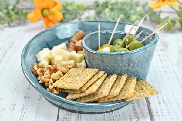 Chip Dip Ceramic Pottery Handmade Charcuterie Bowl, Spiral Blue Olive Snack Dish, Stoneware Party Serving Dining, Unique Housewarming Gift