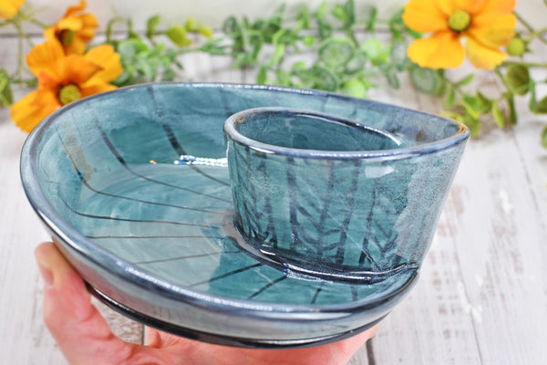 Chip Dip Ceramic Pottery Handmade Charcuterie Bowl, Spiral Blue Olive Snack Dish, Stoneware Party Serving Dining, Unique Housewarming Gift