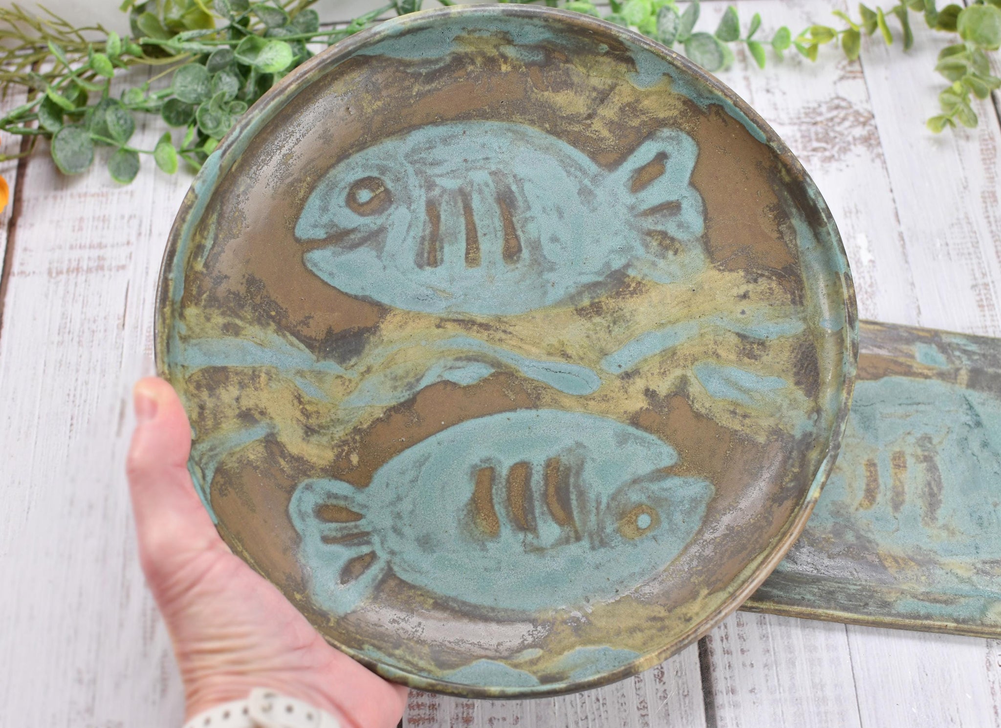 Fish Serving Bowl Ceramic Pottery Rectangle Plate Handmade Dish, Brown Teal Blue Stoneware Party Serving Dining, Unique Gift Housewarming