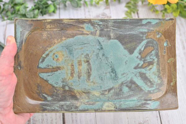 Fish Serving Bowl Ceramic Pottery Rectangle Plate Handmade Dish, Brown Teal Blue Stoneware Party Serving Dining, Unique Gift Housewarming