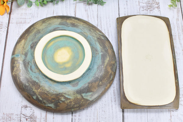 Fish Serving Bowl Ceramic Pottery Rectangle Plate Handmade Dish, Brown Teal Blue Stoneware Party Serving Dining, Unique Gift Housewarming