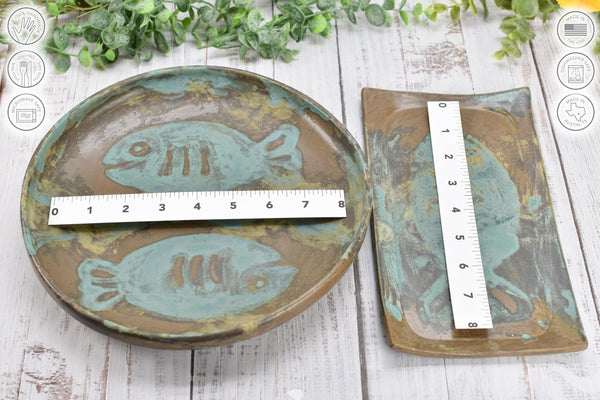 Fish Serving Bowl Ceramic Pottery Rectangle Plate Handmade Dish, Brown Teal Blue Stoneware Party Serving Dining, Unique Gift Housewarming
