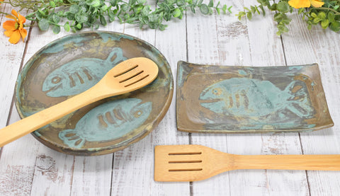 Fish Serving Bowl Ceramic Pottery Rectangle Plate Handmade Dish, Brown Teal Blue Stoneware Party Serving Dining, Unique Gift Housewarming
