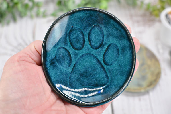 Paw Print Ceramic Small Coffee Spoon Rest, Jewelry Trinket Dish, Handmade Stoneware Pottery in Blue, Green, Teal, Brown, Black, Unique Gift