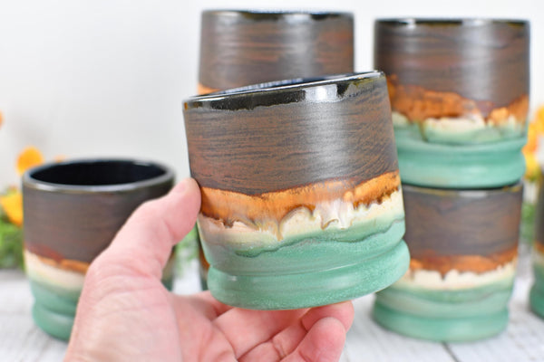Handmade Ceramic Whiskey Tumbler, Bronze & Turquoise, Eco-Friendly 9th Anniversary Gift