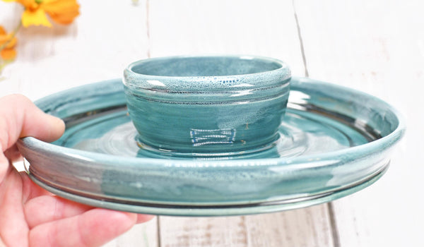 Chip Dip Ceramic Pottery Double Bowl Charcuterie, Handmade Blue Olive Snack Dish, Stoneware Party Serving Dining, Unique Housewarming Gift