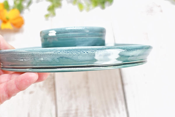 Chip Dip Ceramic Pottery Double Bowl Charcuterie, Handmade Blue Olive Snack Dish, Stoneware Party Serving Dining, Unique Housewarming Gift