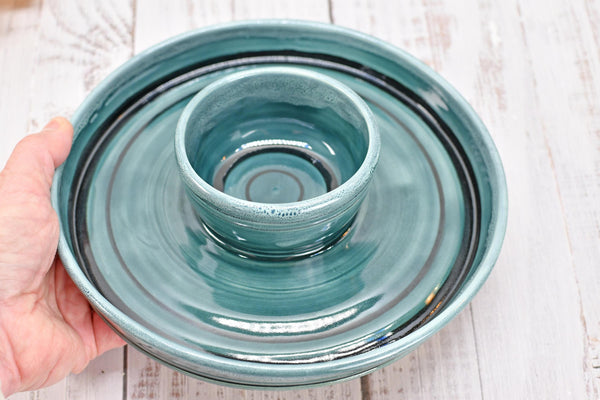 Chip Dip Ceramic Pottery Double Bowl Charcuterie, Handmade Blue Olive Snack Dish, Stoneware Party Serving Dining, Unique Housewarming Gift