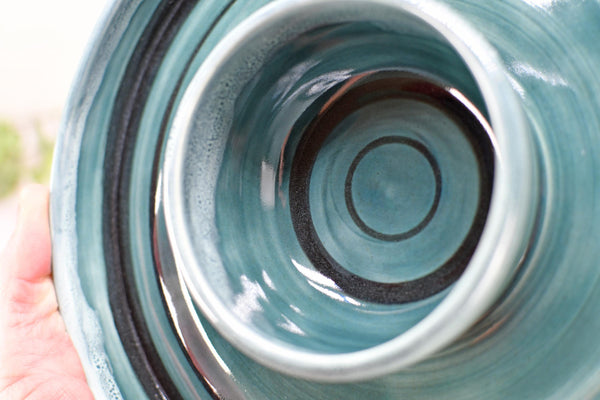 Chip Dip Ceramic Pottery Double Bowl Charcuterie, Handmade Blue Olive Snack Dish, Stoneware Party Serving Dining, Unique Housewarming Gift
