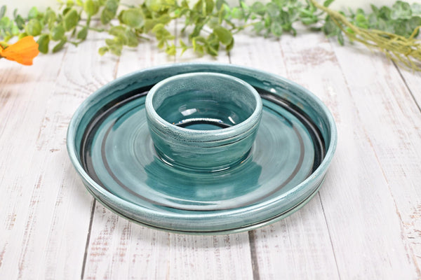 Chip Dip Ceramic Pottery Double Bowl Charcuterie, Handmade Blue Olive Snack Dish, Stoneware Party Serving Dining, Unique Housewarming Gift