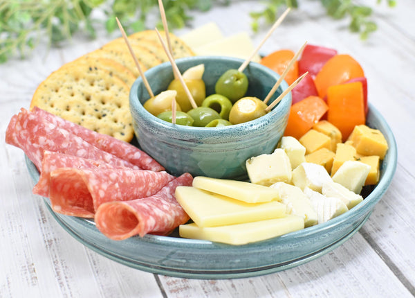 Chip Dip Ceramic Pottery Double Bowl Charcuterie, Handmade Blue Olive Snack Dish, Stoneware Party Serving Dining, Unique Housewarming Gift