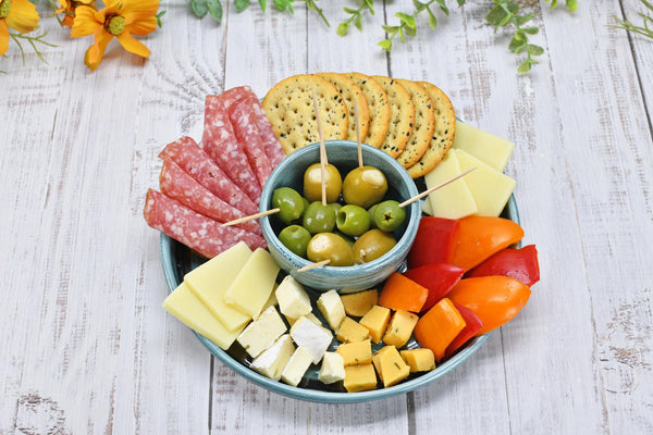 Chip Dip Ceramic Pottery Double Bowl Charcuterie, Handmade Blue Olive Snack Dish, Stoneware Party Serving Dining, Unique Housewarming Gift