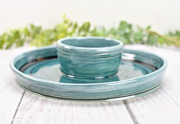 Chip Dip Ceramic Pottery Double Bowl Charcuterie, Handmade Blue Olive Snack Dish, Stoneware Party Serving Dining, Unique Housewarming Gift
